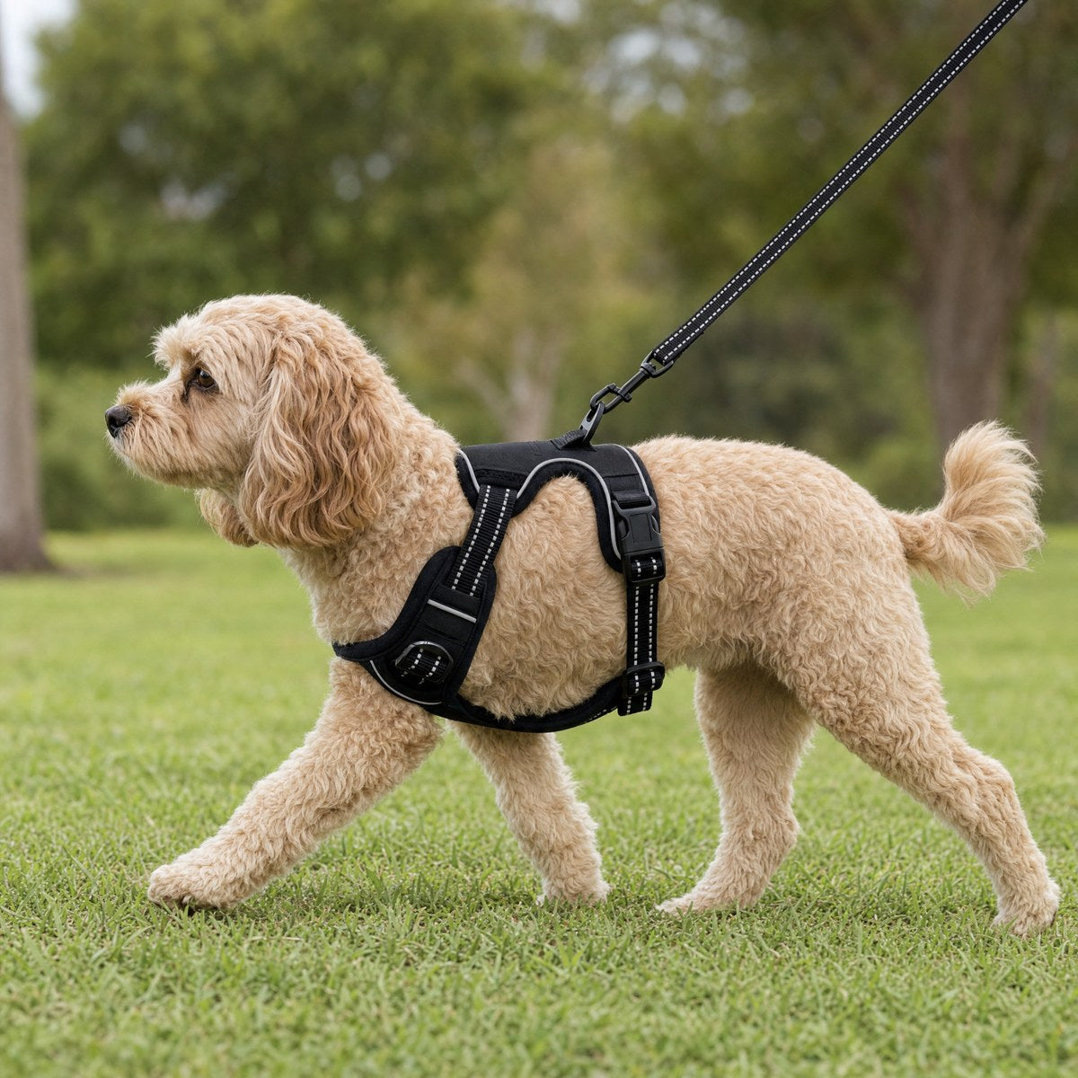 Dog walking calmly in the harness