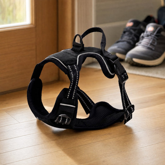 No-Pull Adventure Harness ready by the front door