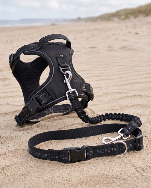 WagVenture Adventure Bundle in black — harness and hands-free bungee leash on the beach
