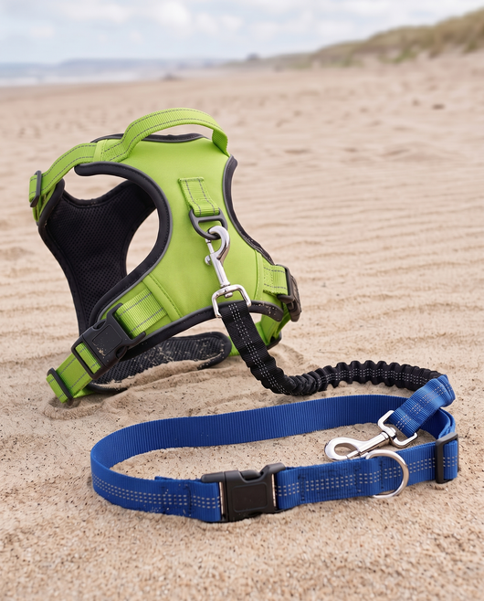 WagVenture Adventure Bundle — green harness with blue hands-free leash on the beach