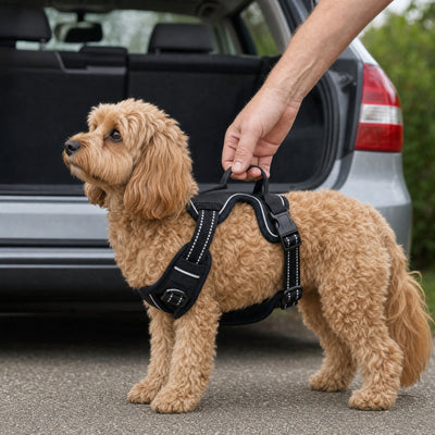Lifting a dog by the harness reinforced grab handle at the car
