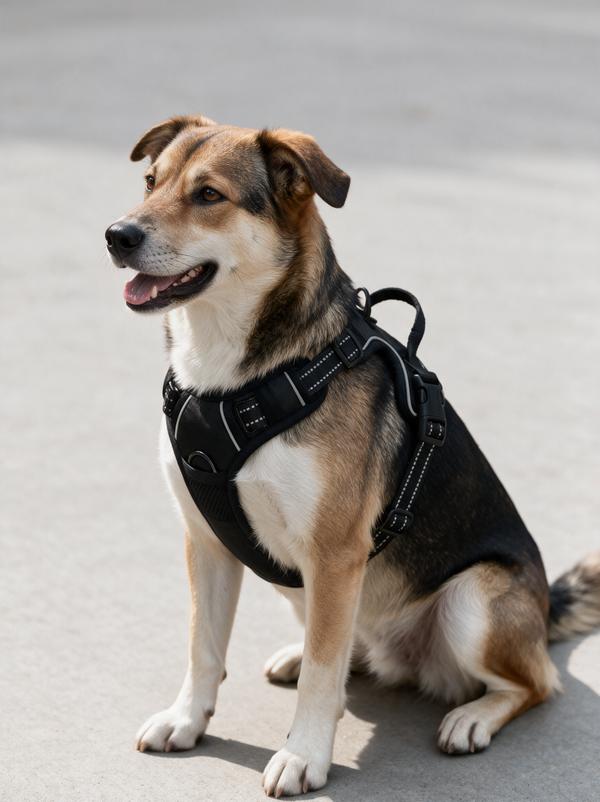 Dog sitting wearing the black No-Pull Adventure Harness