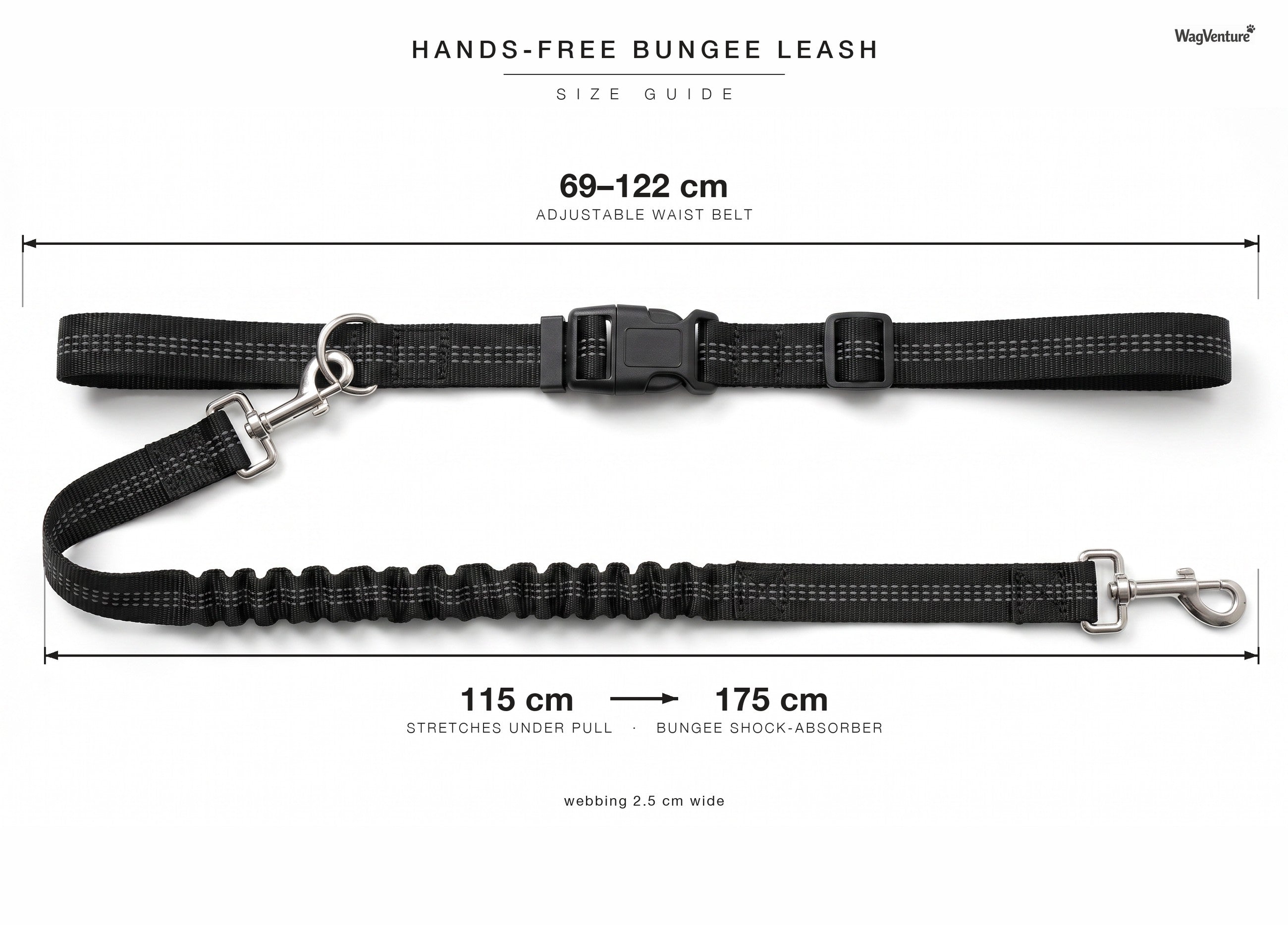 Hands-Free Bungee Leash size guide: adjustable waist belt 69 to 122 cm, bungee leash stretches 115 to 175 cm, webbing 2.5 cm wide